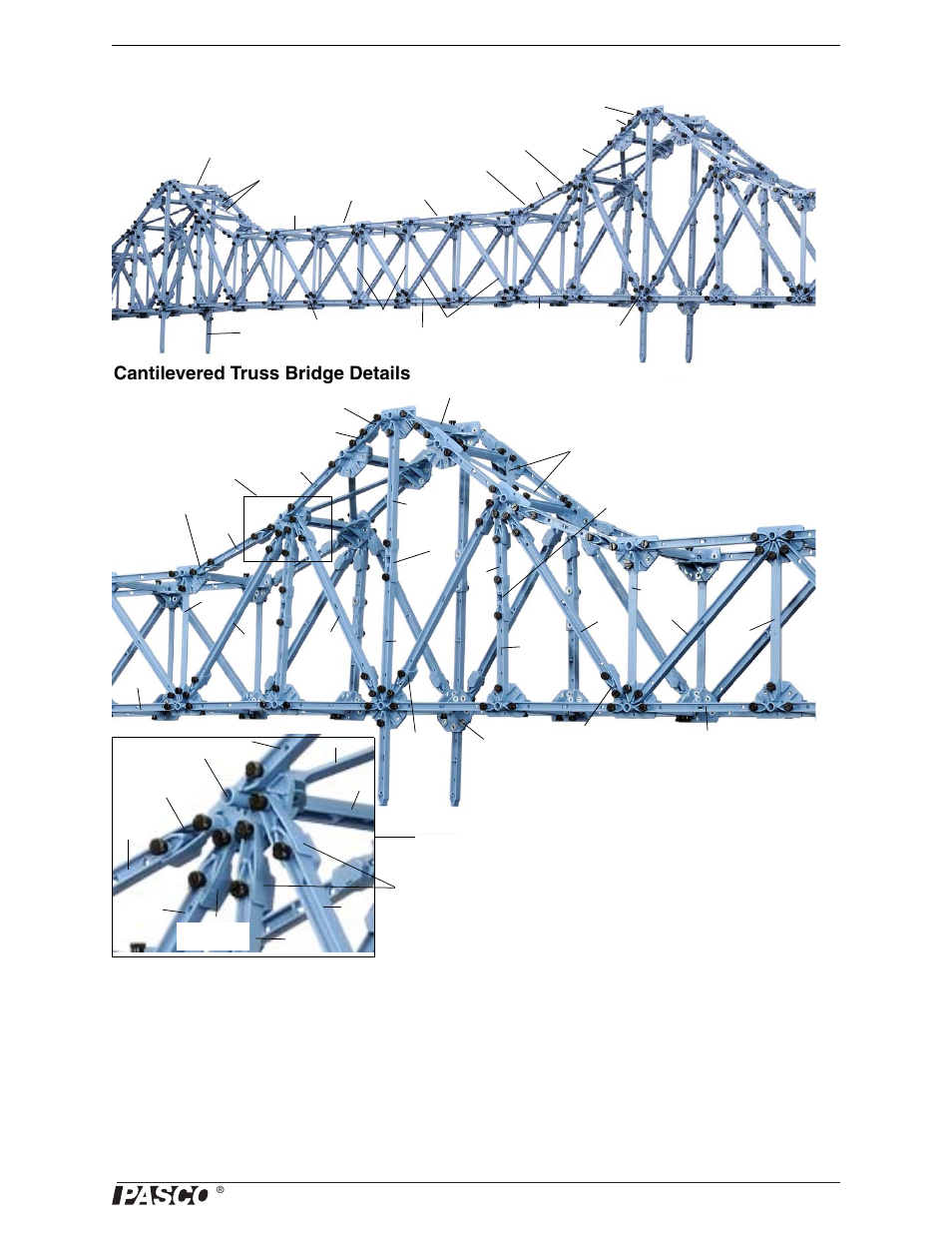 Cantilevered truss bridge, Cantilevered truss bridge details | PASCO ME-6992B Advanced Structures Set User Manual | Page 47 / 58