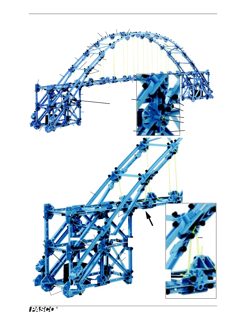 Tied arch bridge with cross bracing, Tied arch bridge details | PASCO ME-6992B Advanced Structures Set User Manual | Page 48 / 58