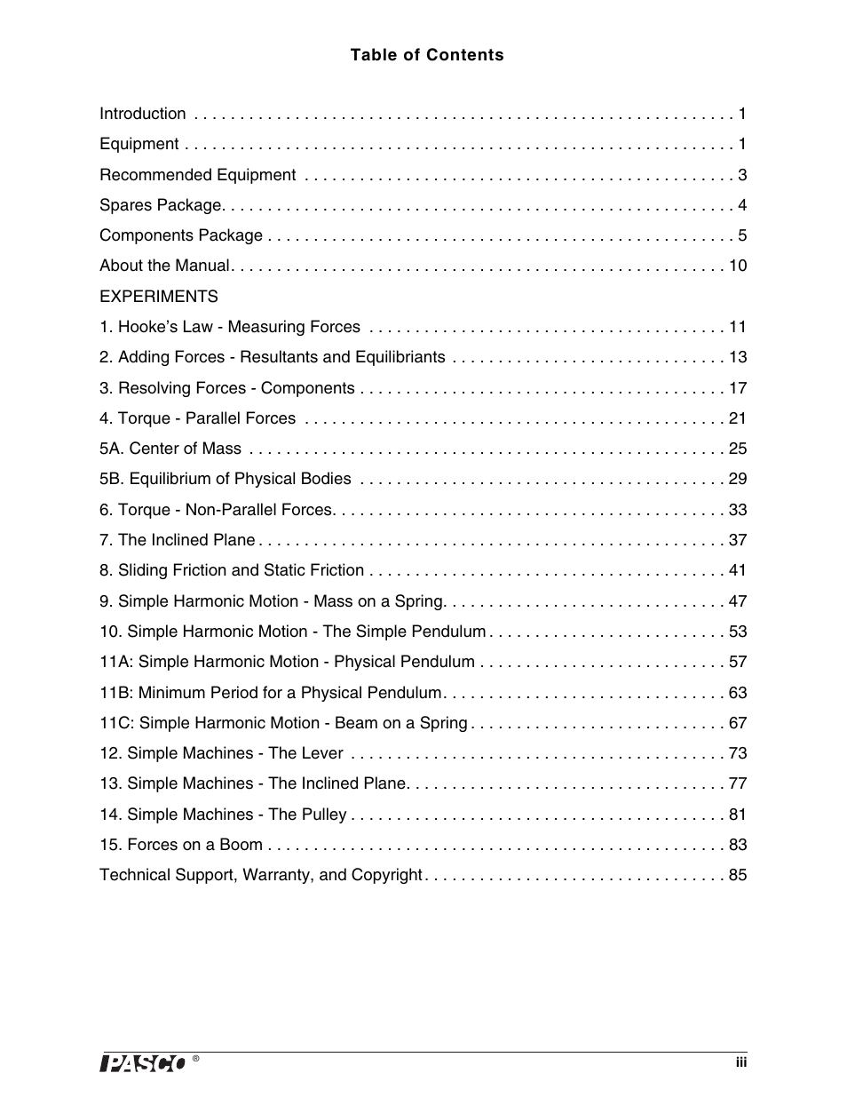 PASCO ME-9502 Statics System User Manual | Page 3 / 94