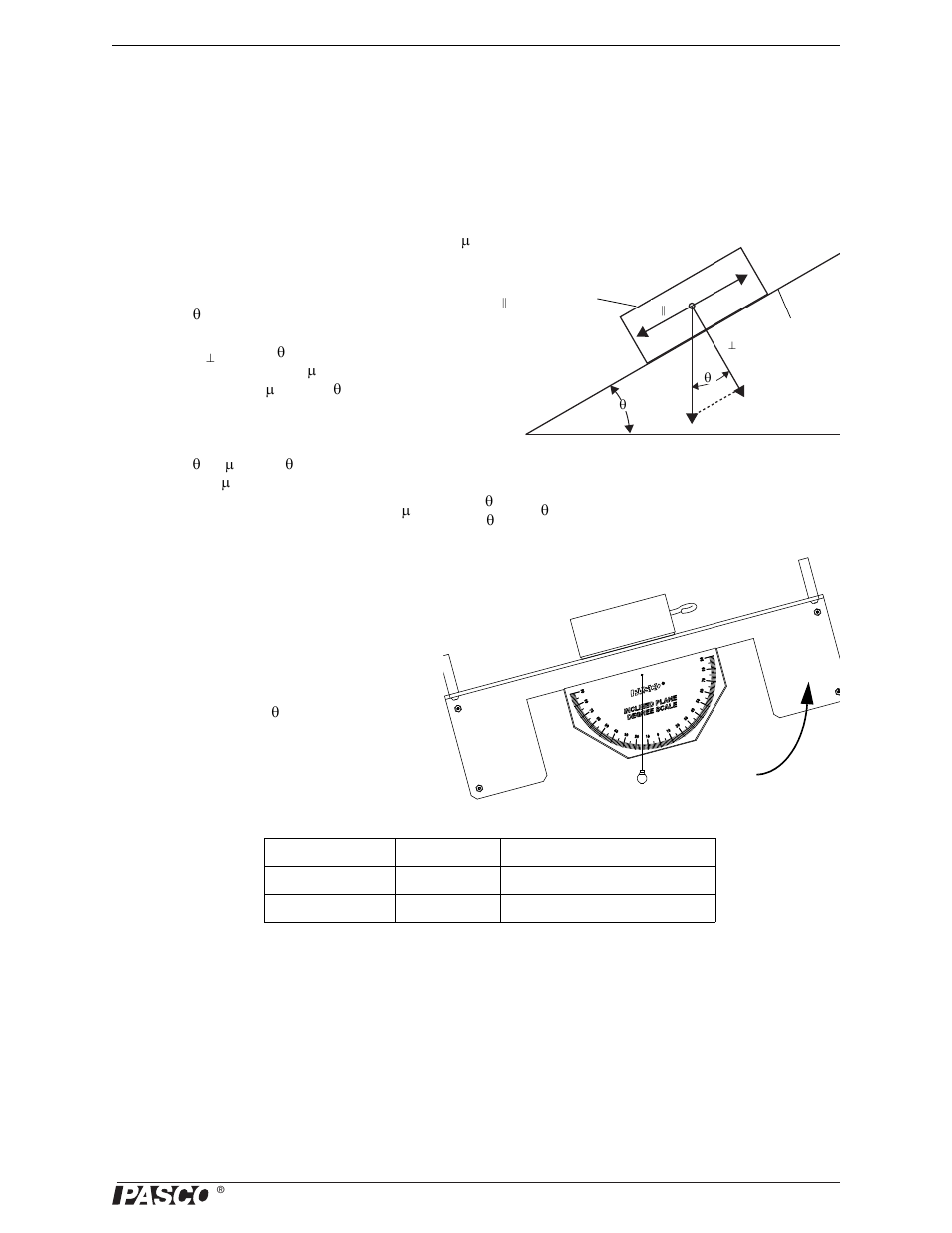 Static friction on an inclined plane, Procedure, Data table | Calculations, Question, Data table calculations | PASCO ME-9502 Statics System User Manual | Page 49 / 94