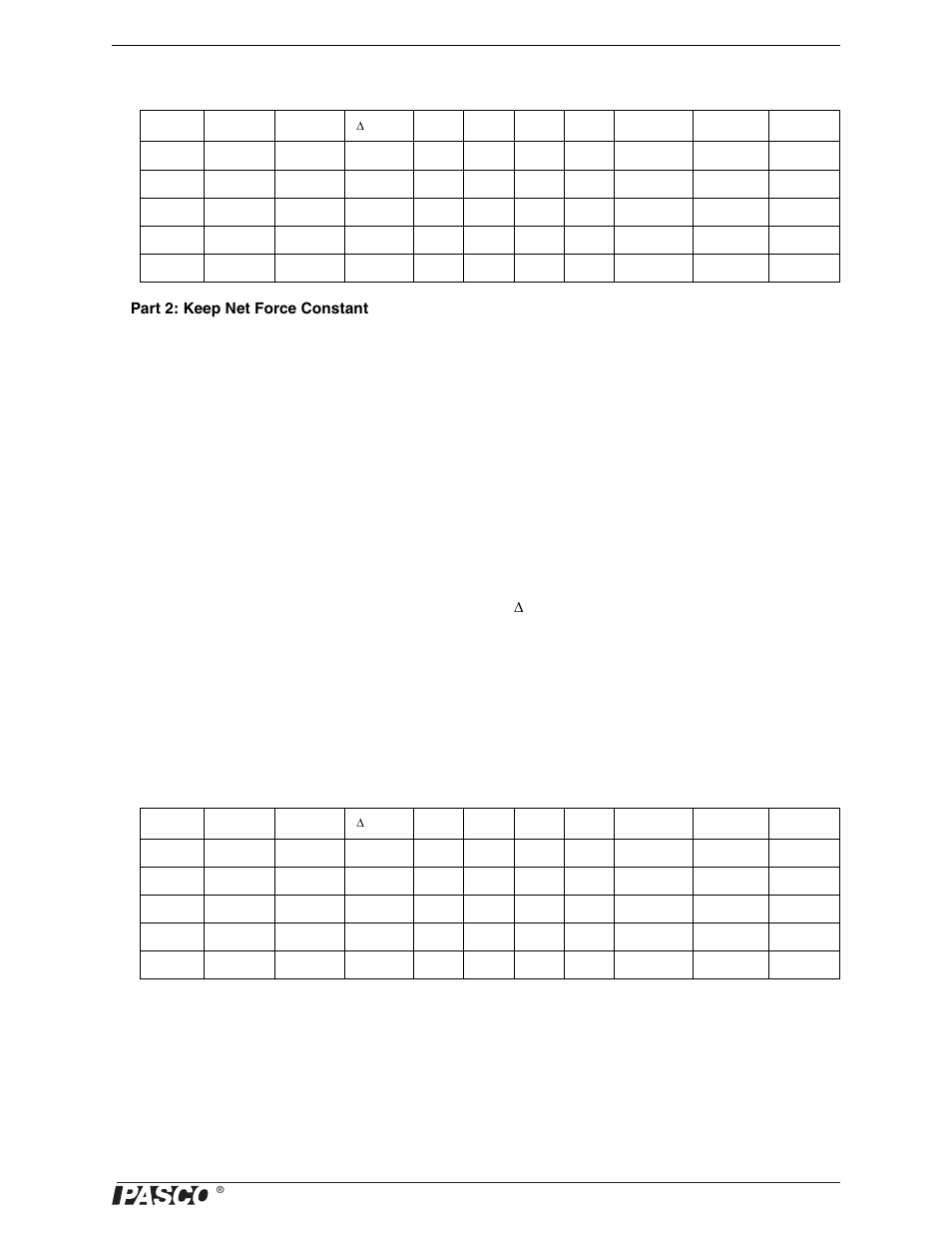 Data table 1: constant total mass, Data table 2: constant net force, Calculations | Data table 2: constant net force calculations | PASCO ME-9502 Statics System User Manual | Page 91 / 94