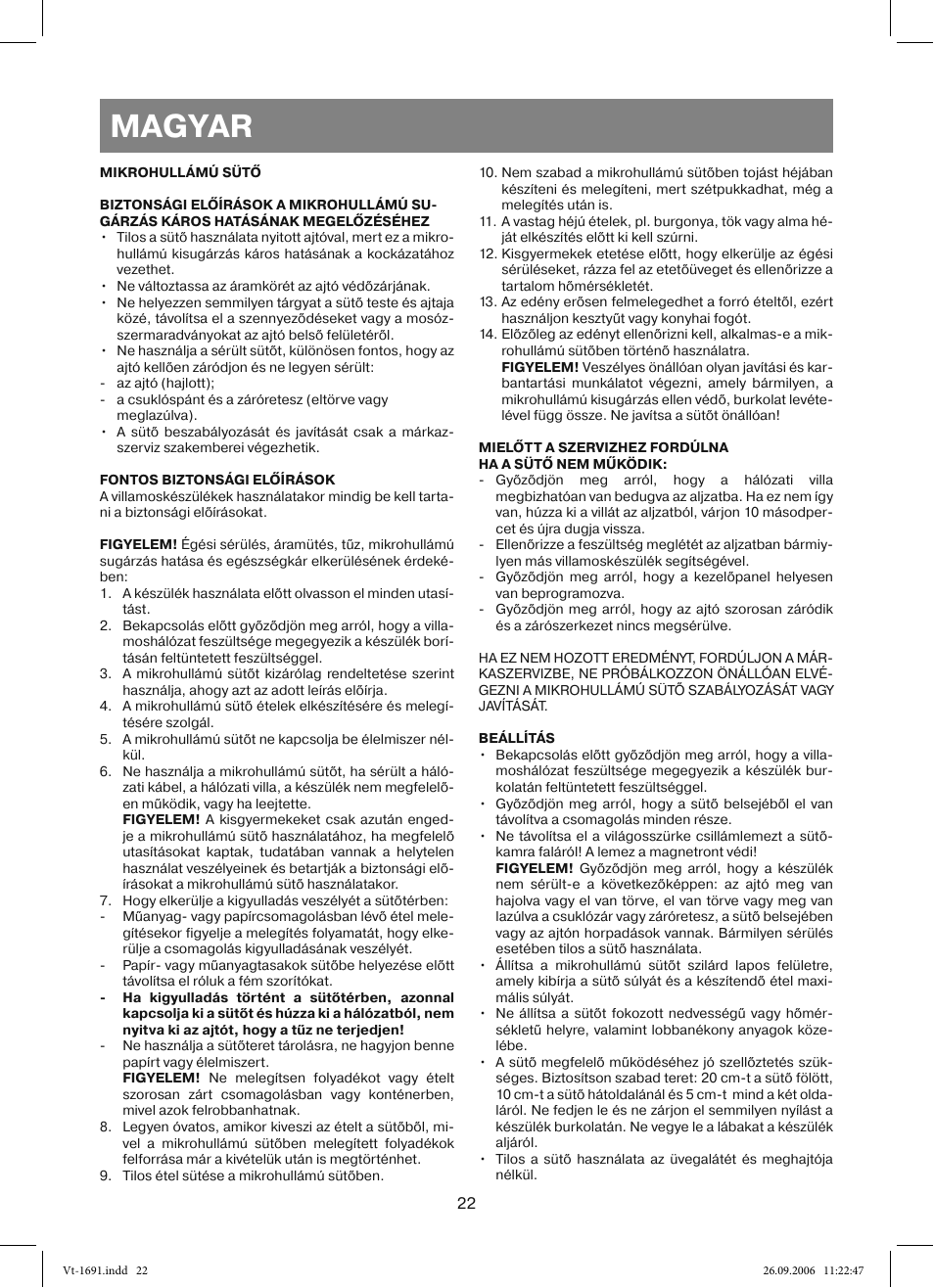 Magyar | Vitek VT-1691 User Manual | Page 22 / 44