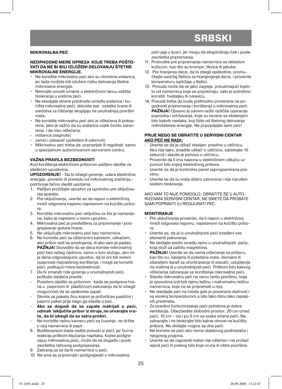 Srbski | Vitek VT-1691 User Manual | Page 25 / 44