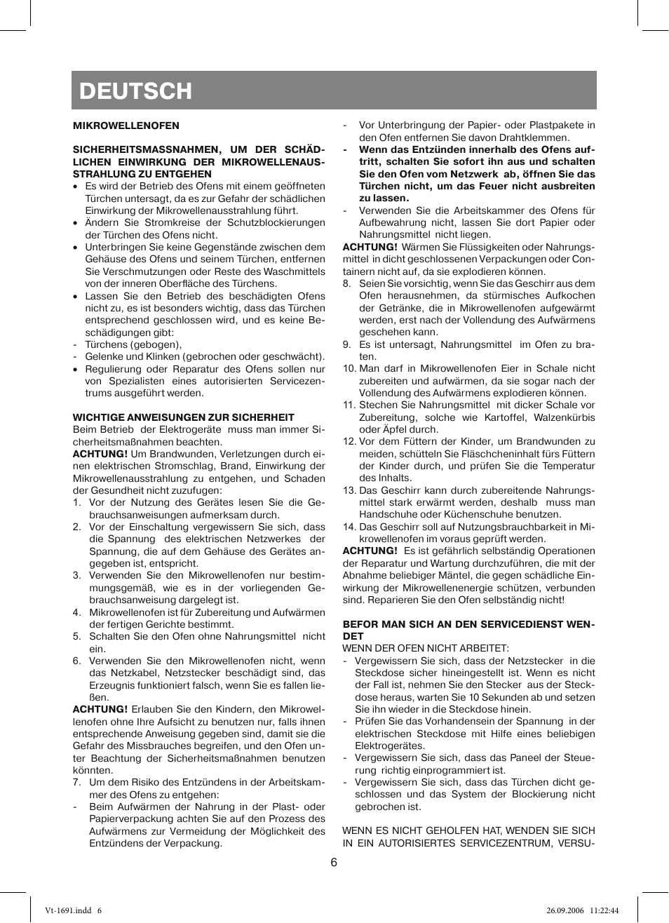 Deutsch | Vitek VT-1691 User Manual | Page 6 / 44