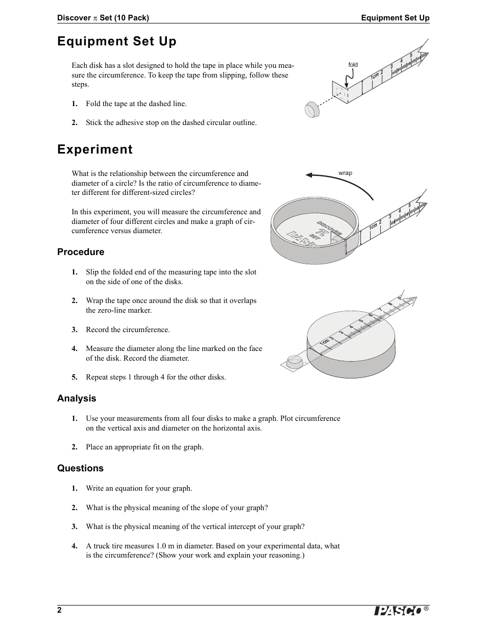 Equipment set up, Experiment, Procedure | Analysis, Questions | PASCO ME-6819A Discover Set (10 Pack) User Manual | Page 2 / 3