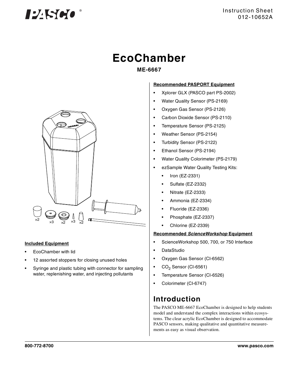 PASCO ME-6667 EcoChamber User Manual | 3 pages