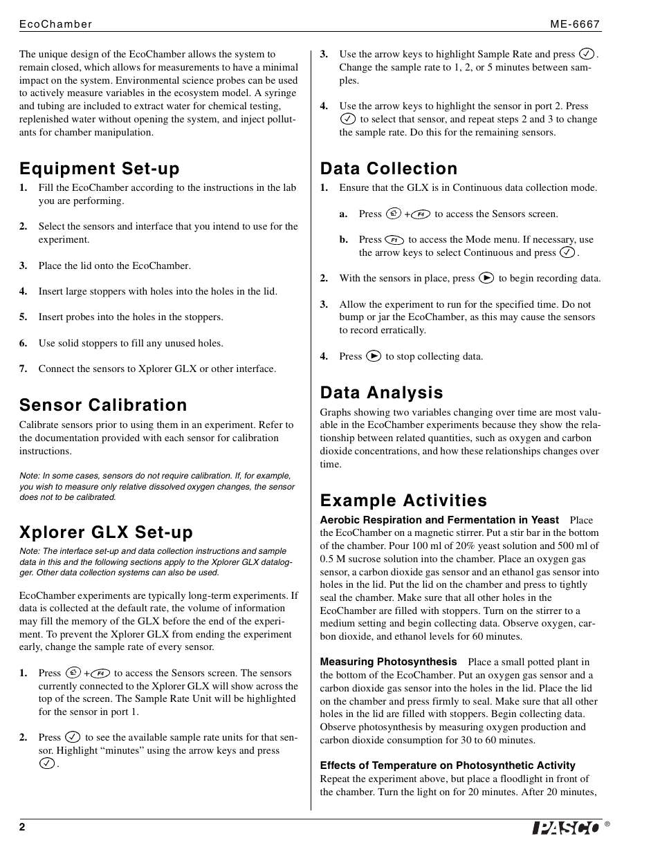 Equipment set-up, Sensor calibration, Xplorer glx set-up | Data collection, Data analysis, Example activities | PASCO ME-6667 EcoChamber User Manual | Page 2 / 3