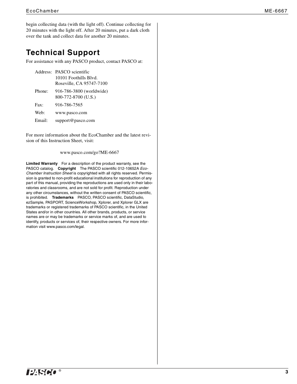 Technical support | PASCO ME-6667 EcoChamber User Manual | Page 3 / 3