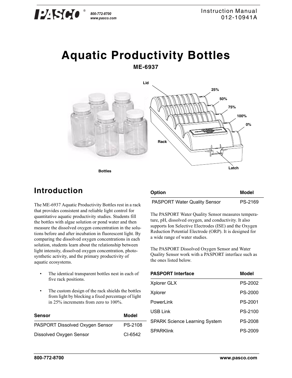 PASCO ME-6937 Aquatic Productivity Bottles User Manual | 6 pages