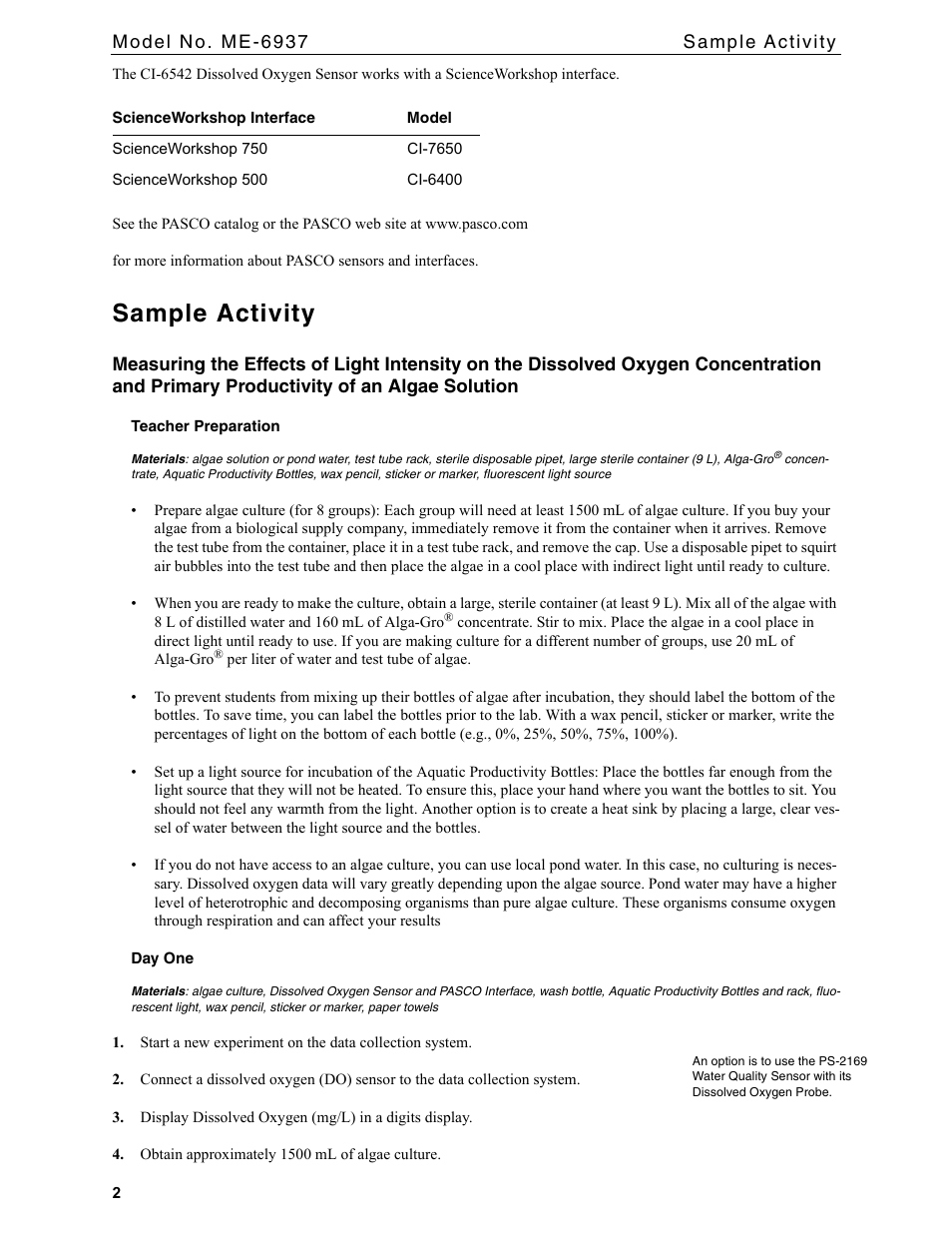 Sample activity | PASCO ME-6937 Aquatic Productivity Bottles User Manual | Page 2 / 6