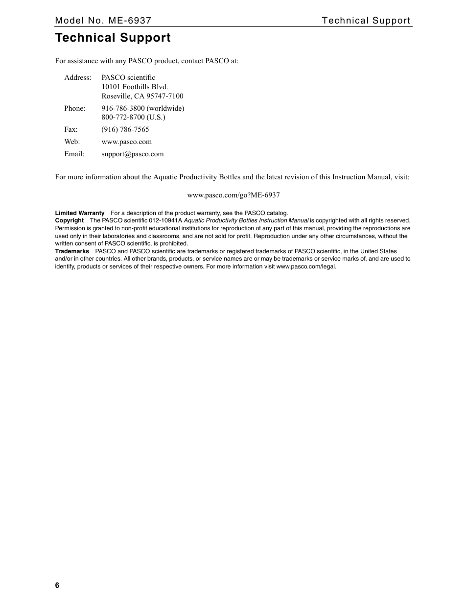 Technical support | PASCO ME-6937 Aquatic Productivity Bottles User Manual | Page 6 / 6