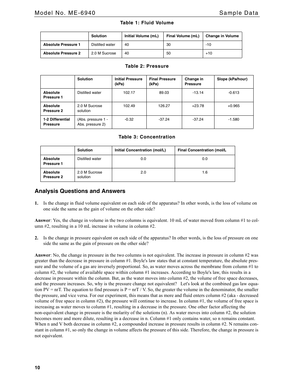 Analysis questions and answers | PASCO ME-6940 Diffusion-Osmosis Apparatus User Manual | Page 10 / 12