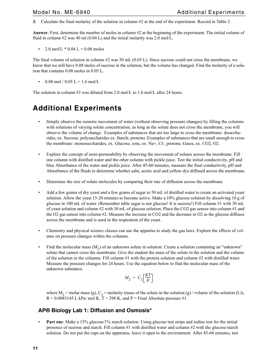 Additional experiments | PASCO ME-6940 Diffusion-Osmosis Apparatus User Manual | Page 11 / 12
