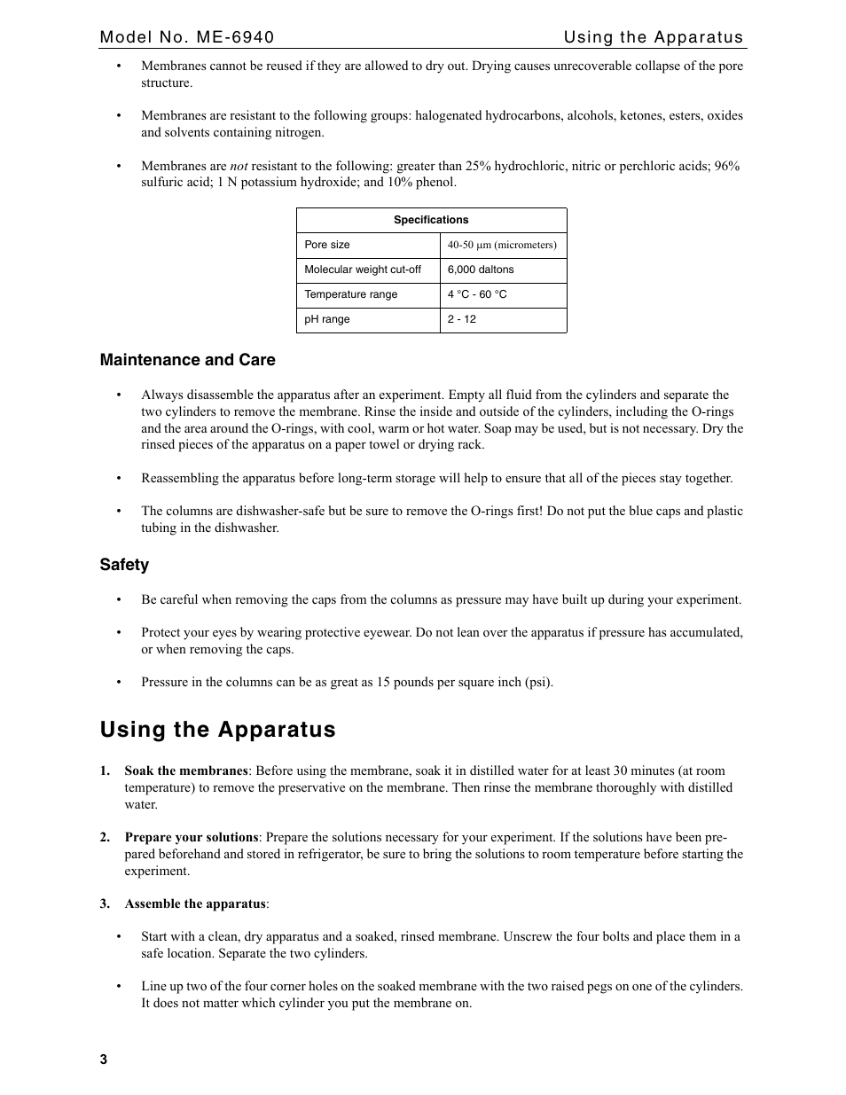 Using the apparatus | PASCO ME-6940 Diffusion-Osmosis Apparatus User Manual | Page 3 / 12