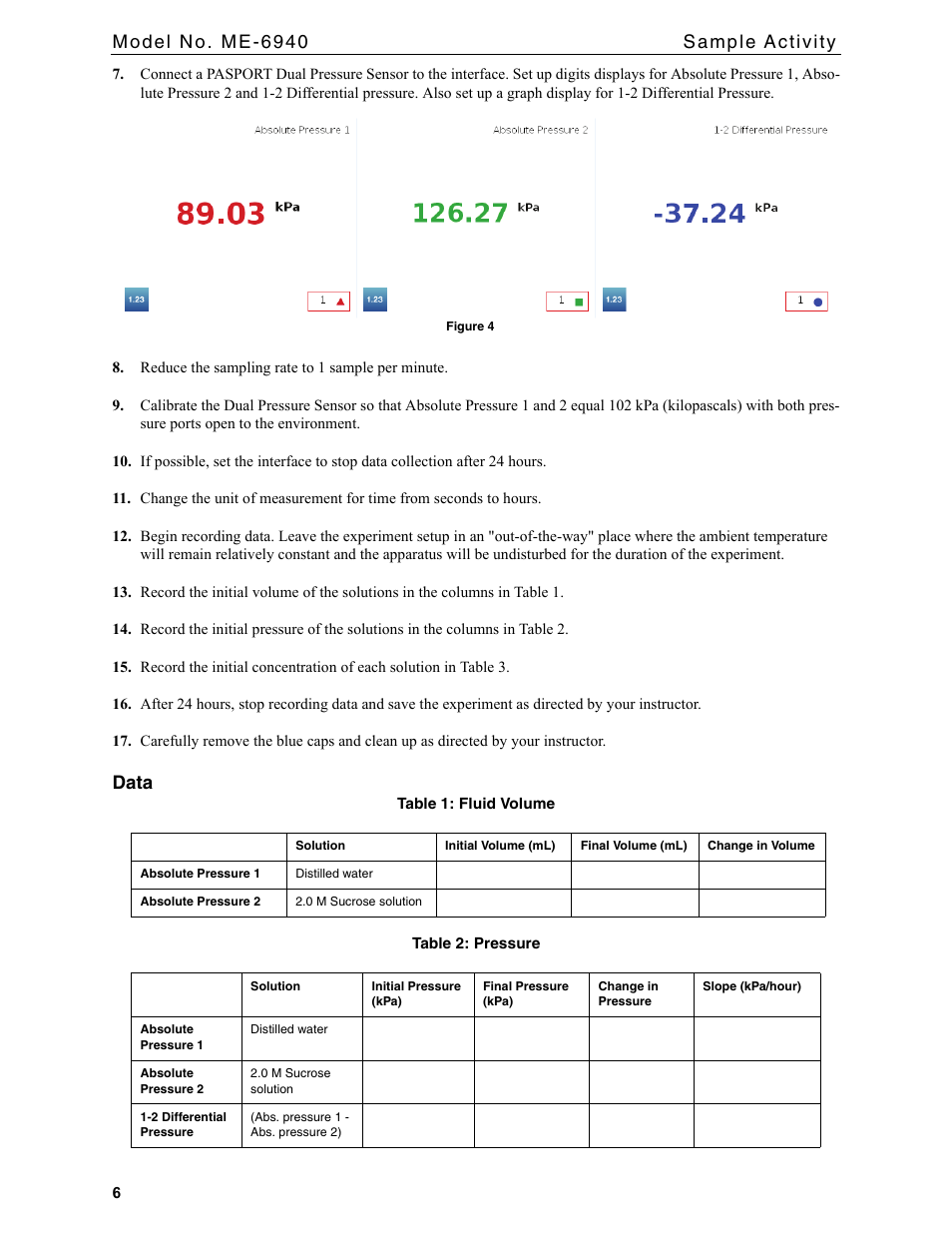 Data | PASCO ME-6940 Diffusion-Osmosis Apparatus User Manual | Page 6 / 12