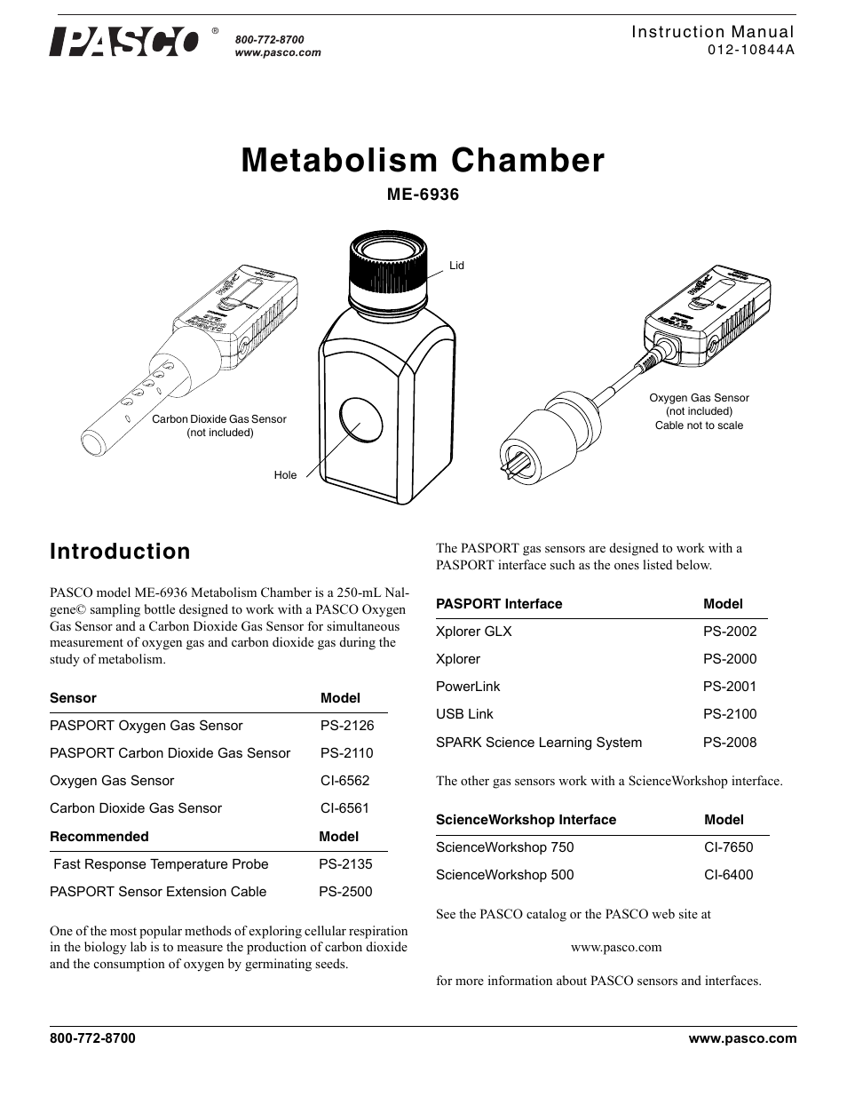 PASCO ME-6936 Metabolism Chamber User Manual | 6 pages