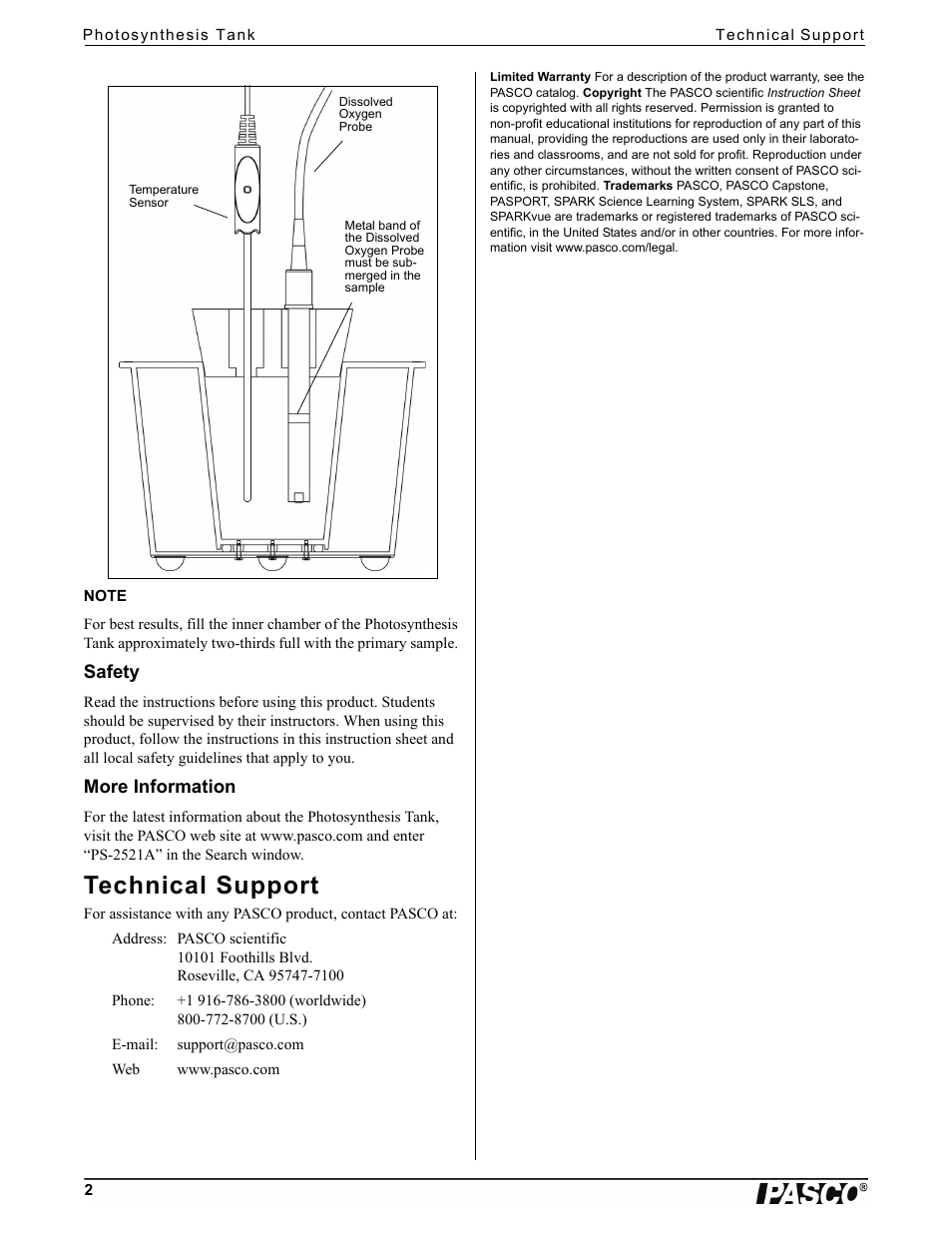 Safety, More information, Technical support | PASCO PS-2521A Photosynthesis Tank User Manual | Page 2 / 2