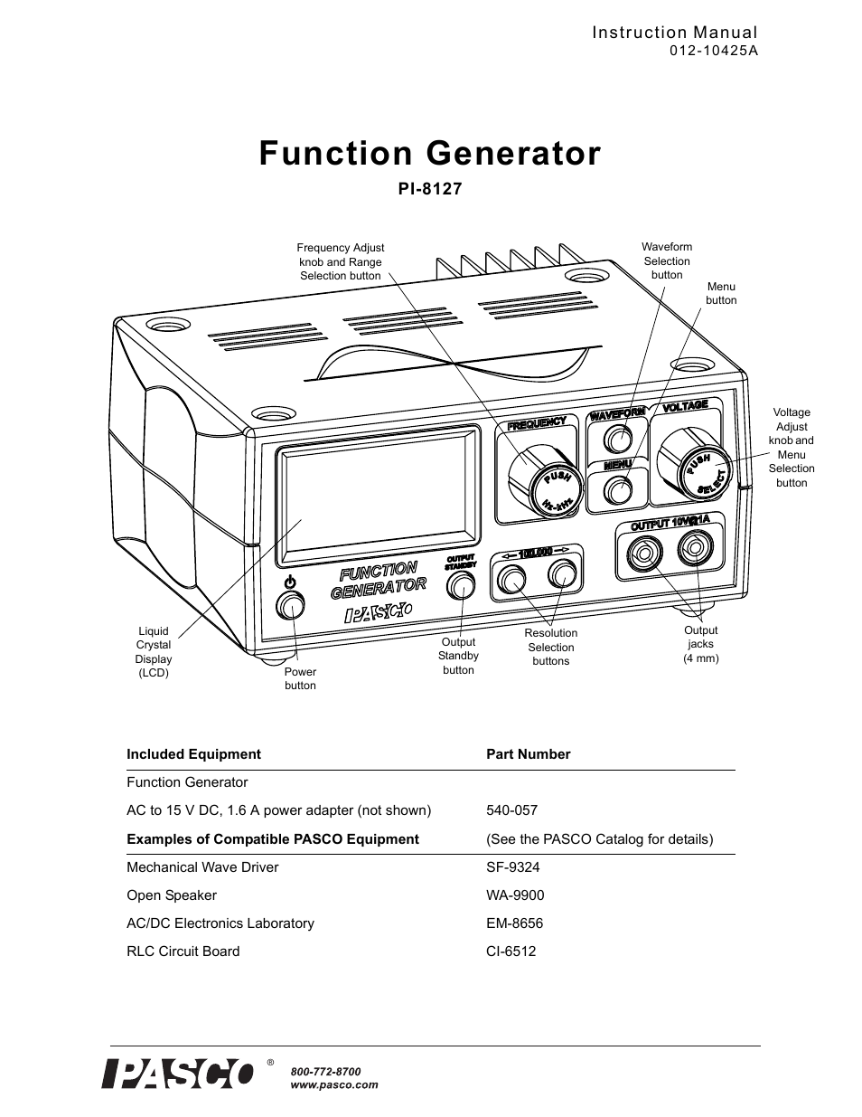 PASCO PI-8127 Function Generator User Manual | 9 pages