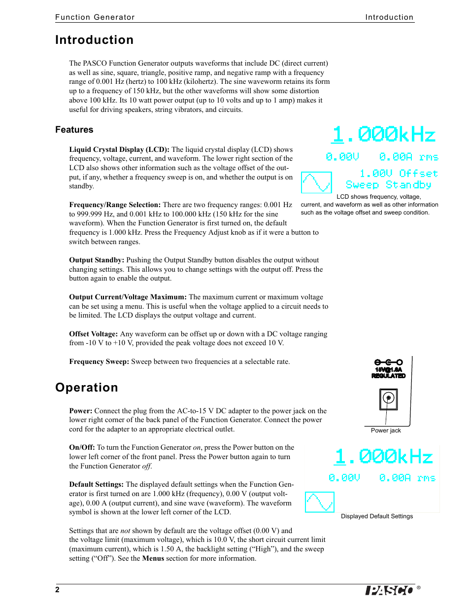 Introduction, Operation | PASCO PI-8127 Function Generator User Manual | Page 2 / 9