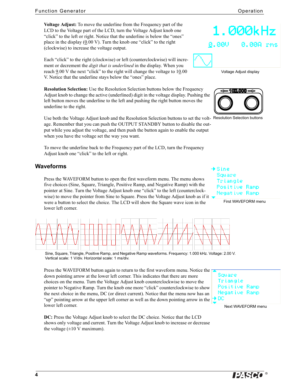 Waveforms | PASCO PI-8127 Function Generator User Manual | Page 4 / 9