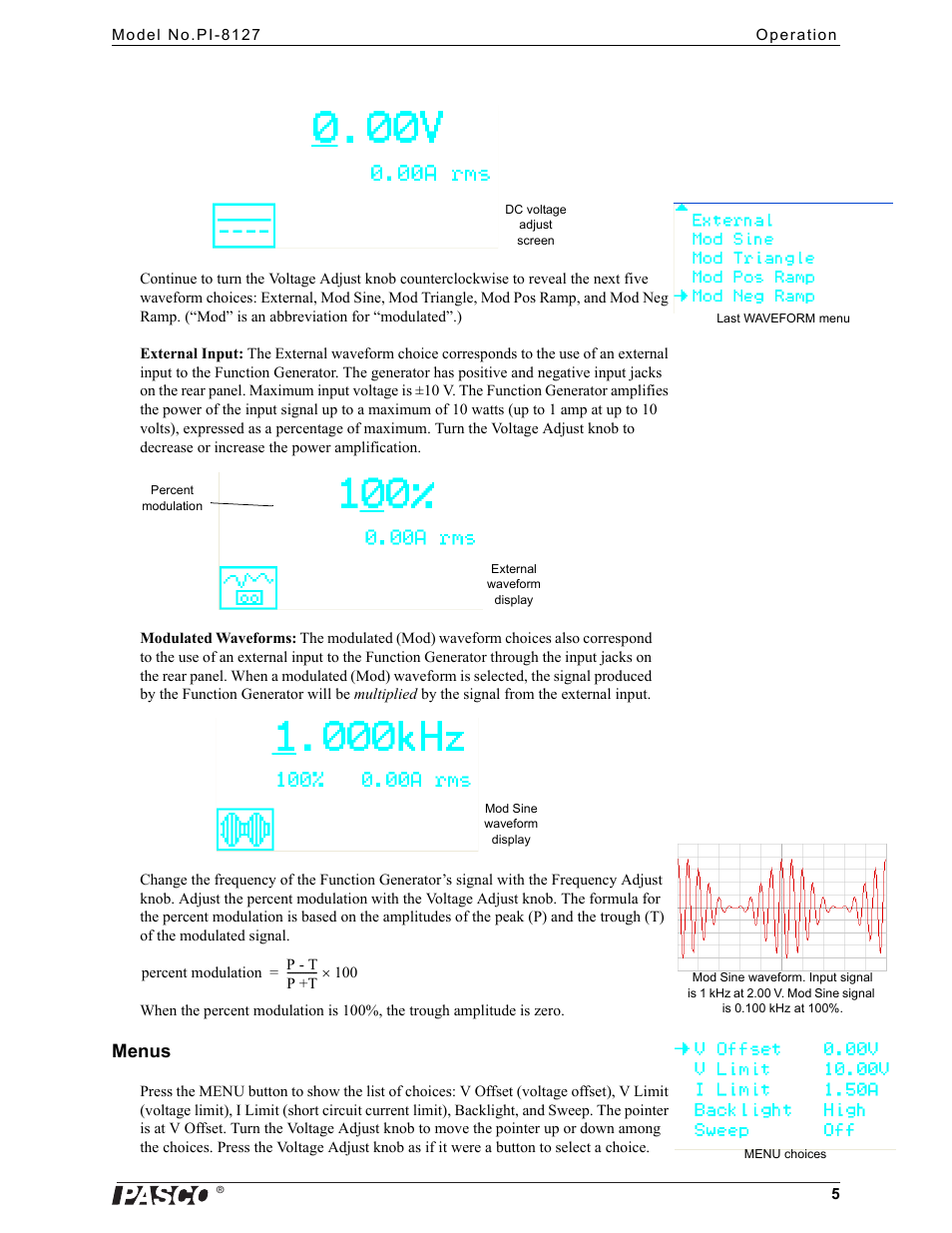 Menus | PASCO PI-8127 Function Generator User Manual | Page 5 / 9