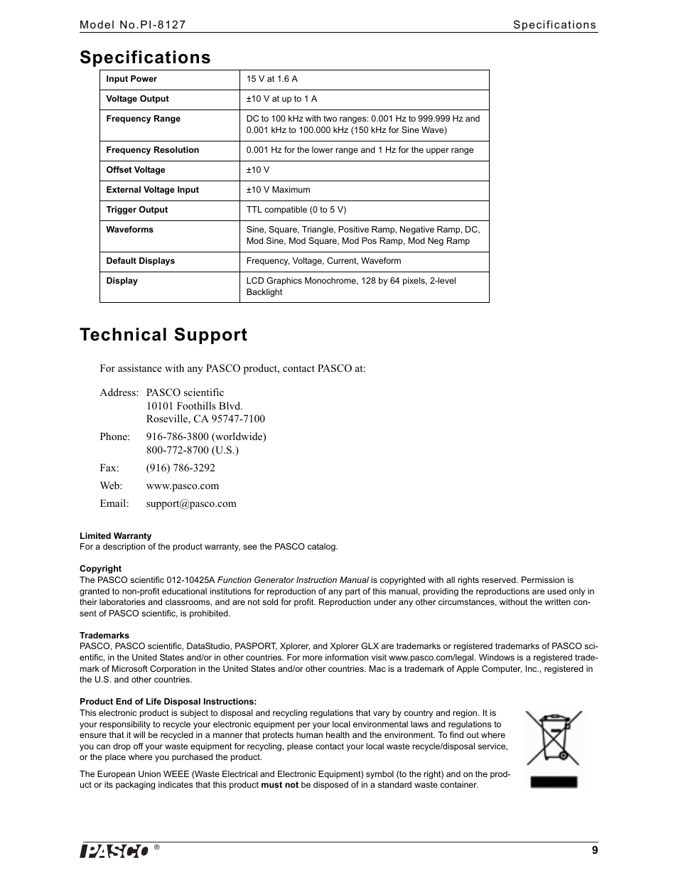 Specifications, Technical support, Specifications technical support | PASCO PI-8127 Function Generator User Manual | Page 9 / 9