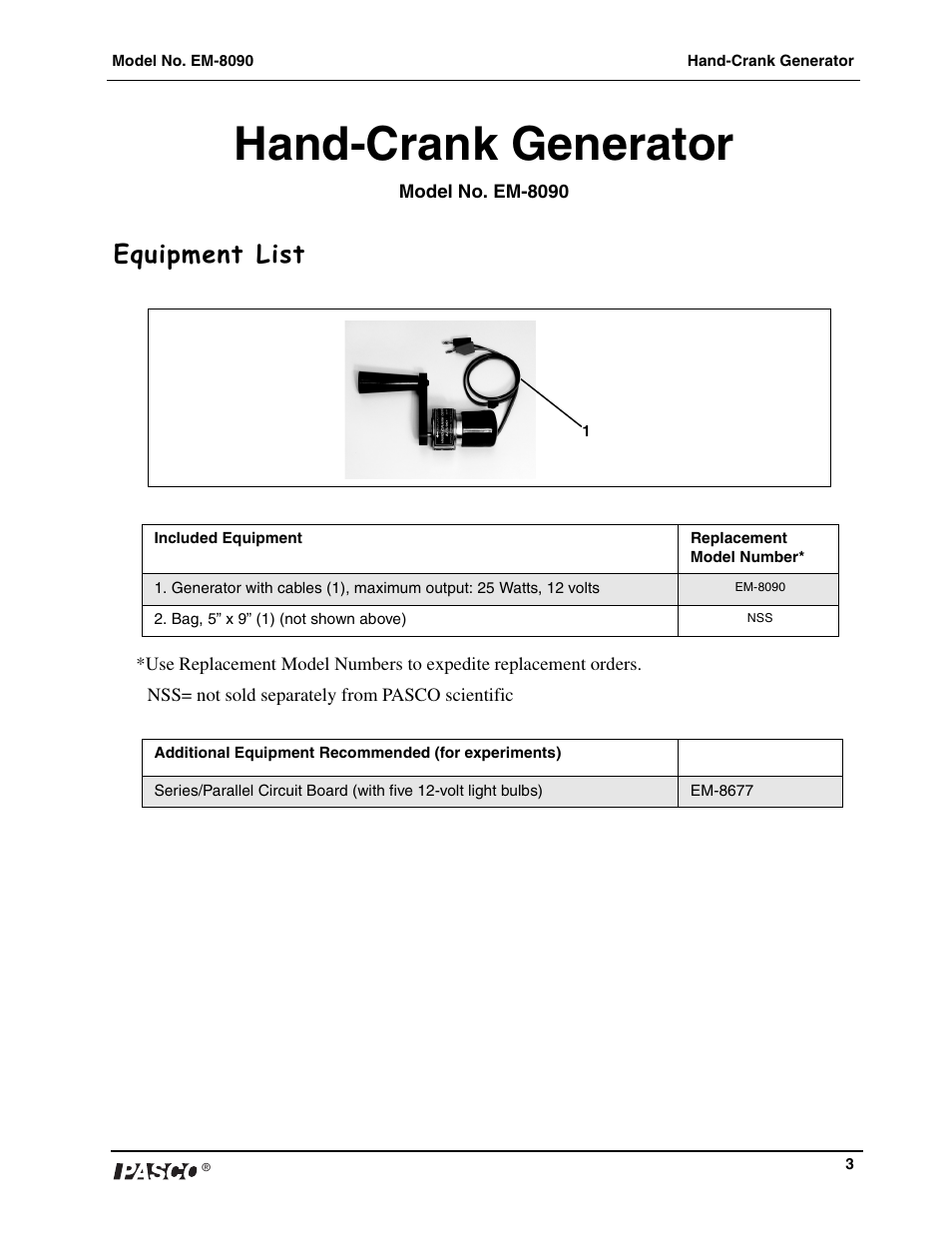 Hand-crank generator, Equipment list | PASCO EM-8090 Hand-Crank Generator User Manual | Page 4 / 9