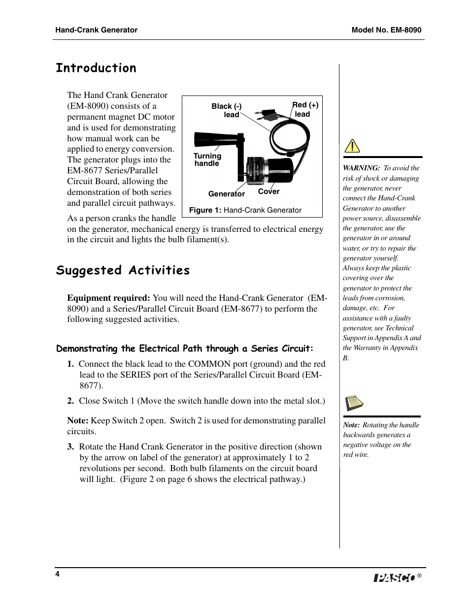 Introduction, Suggested activities | PASCO EM-8090 Hand-Crank Generator User Manual | Page 5 / 9