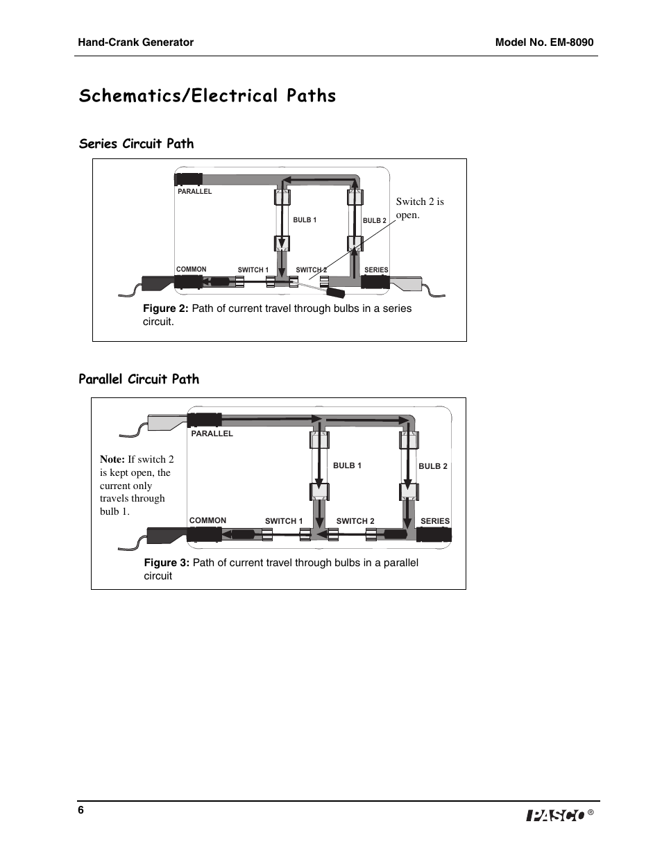 Schematics/electrical paths, Series circuit path parallel circuit path | PASCO EM-8090 Hand-Crank Generator User Manual | Page 7 / 9