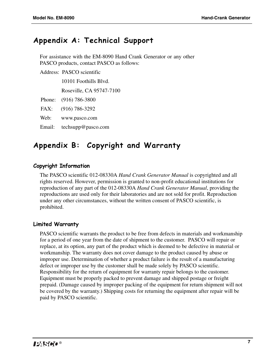 Appendix a: technical support, Appendix b: copyright and warranty | PASCO EM-8090 Hand-Crank Generator User Manual | Page 8 / 9