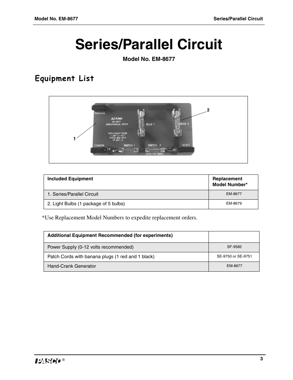 Series/parallel circuit, Equipment list | PASCO EM-8677 Series_Parallel Circuit User Manual | Page 4 / 8