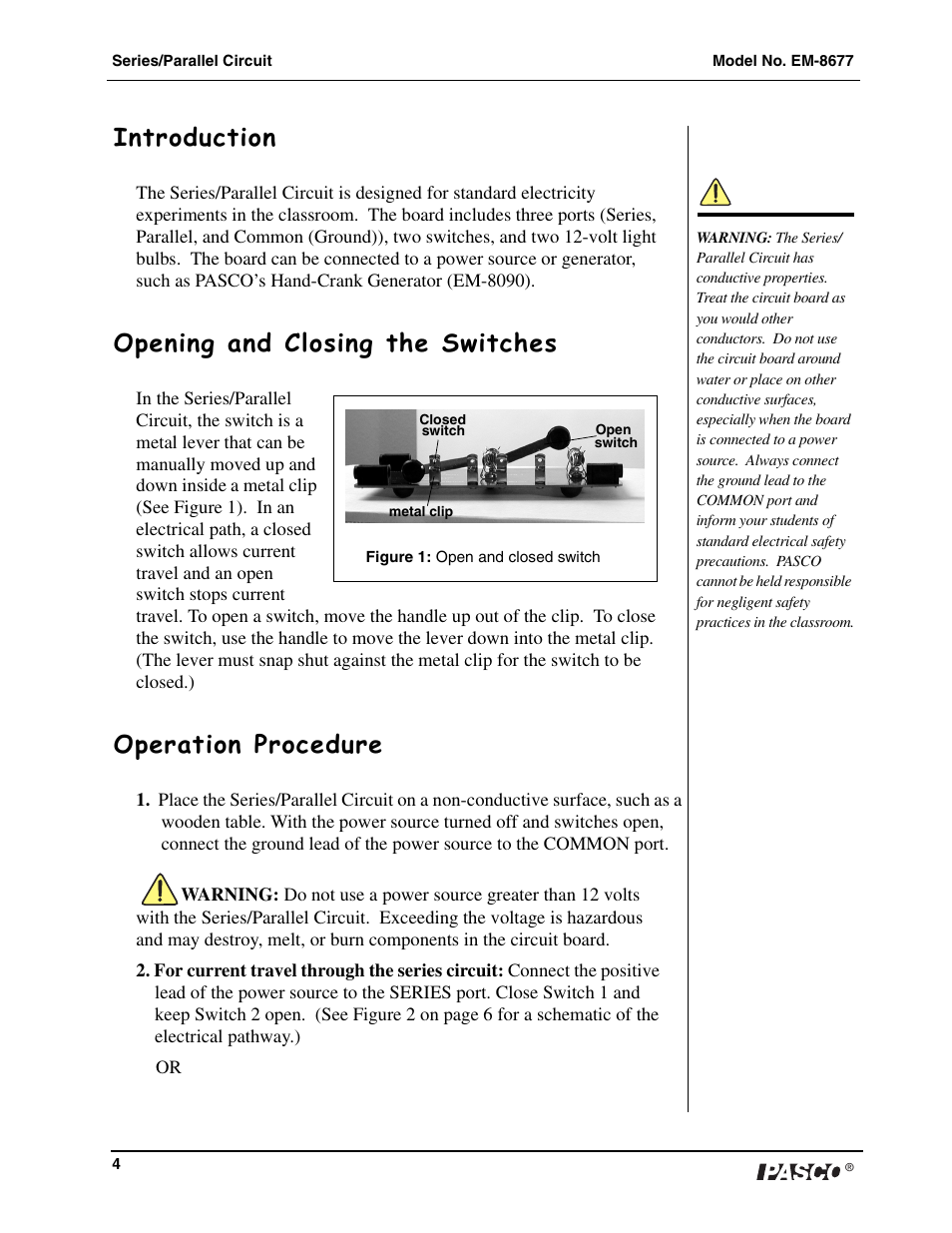 Introduction, Opening and closing the switches, Operation procedure | PASCO EM-8677 Series_Parallel Circuit User Manual | Page 5 / 8