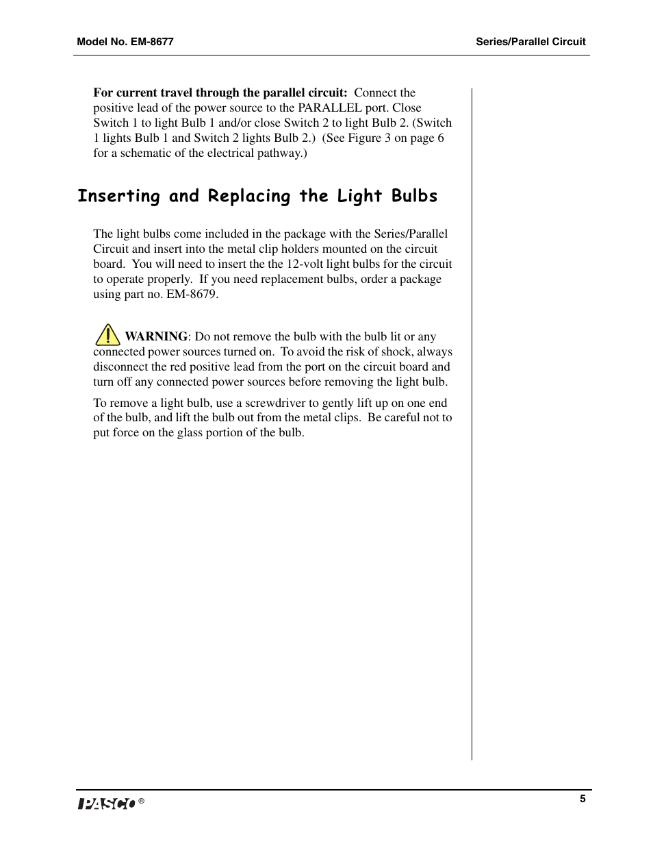 Inserting and replacing the light bulbs | PASCO EM-8677 Series_Parallel Circuit User Manual | Page 6 / 8