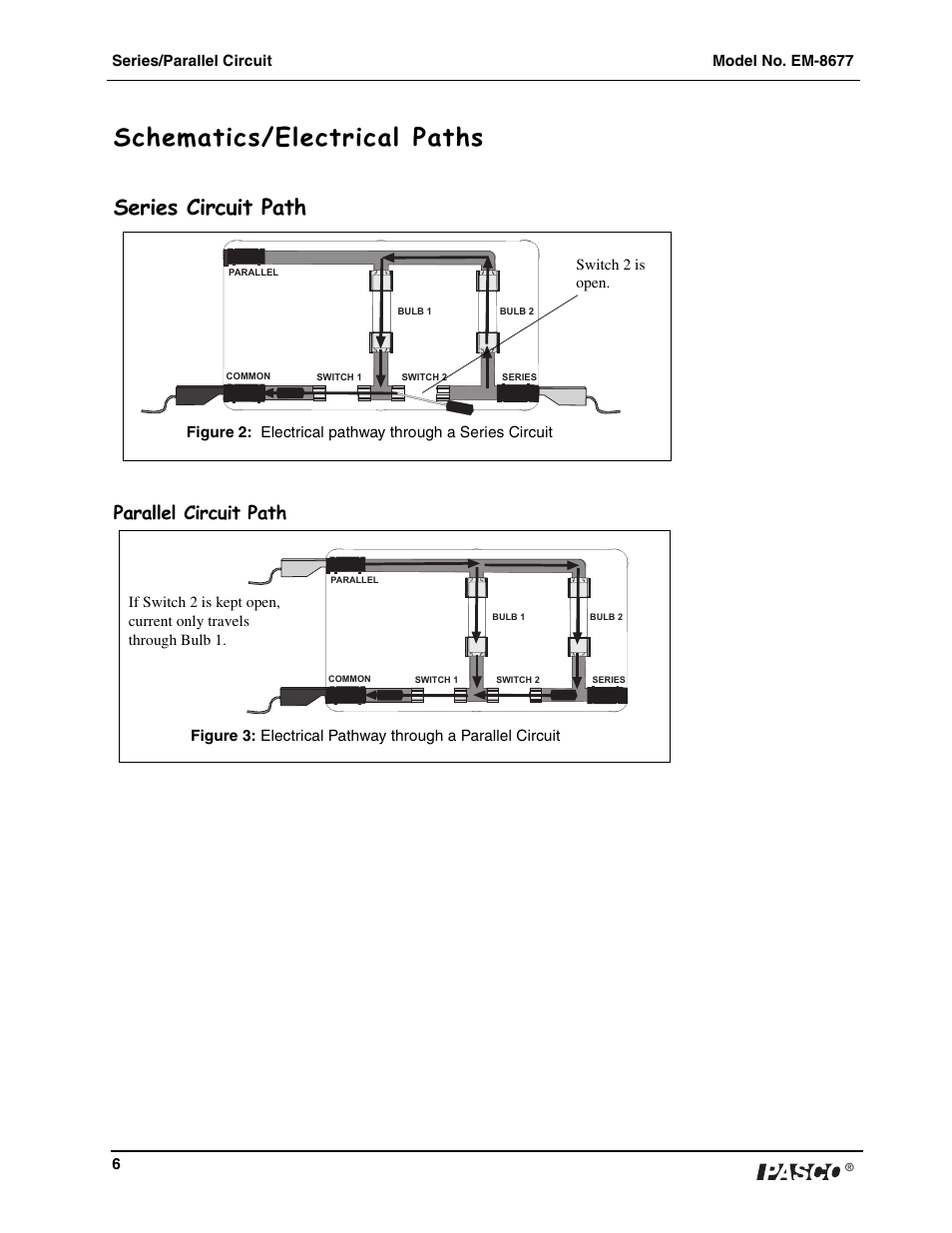 Schematics/electrical paths, Series circuit path, Parallel circuit path | PASCO EM-8677 Series_Parallel Circuit User Manual | Page 7 / 8