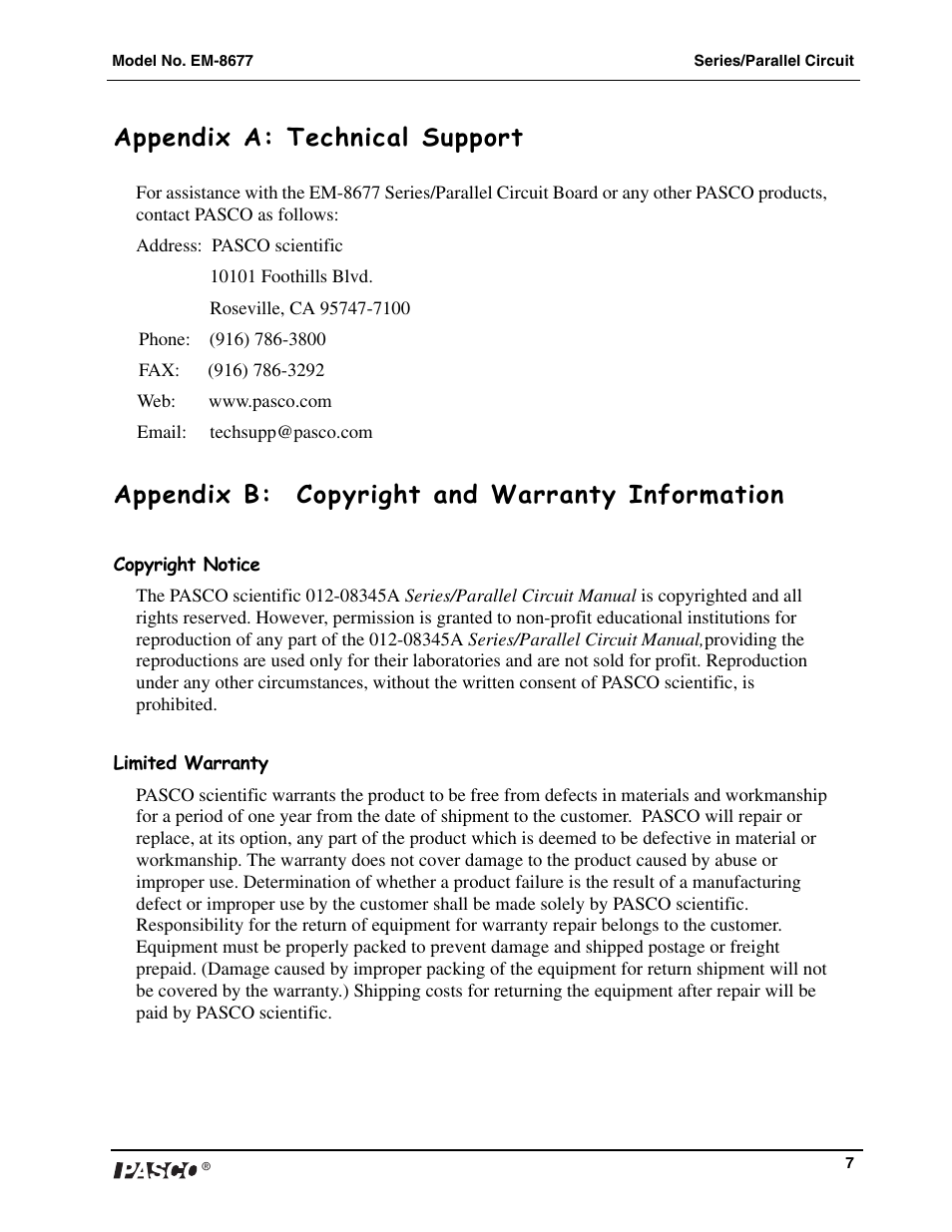 Appendix a: technical support, Appendix b: copyright and warranty information | PASCO EM-8677 Series_Parallel Circuit User Manual | Page 8 / 8