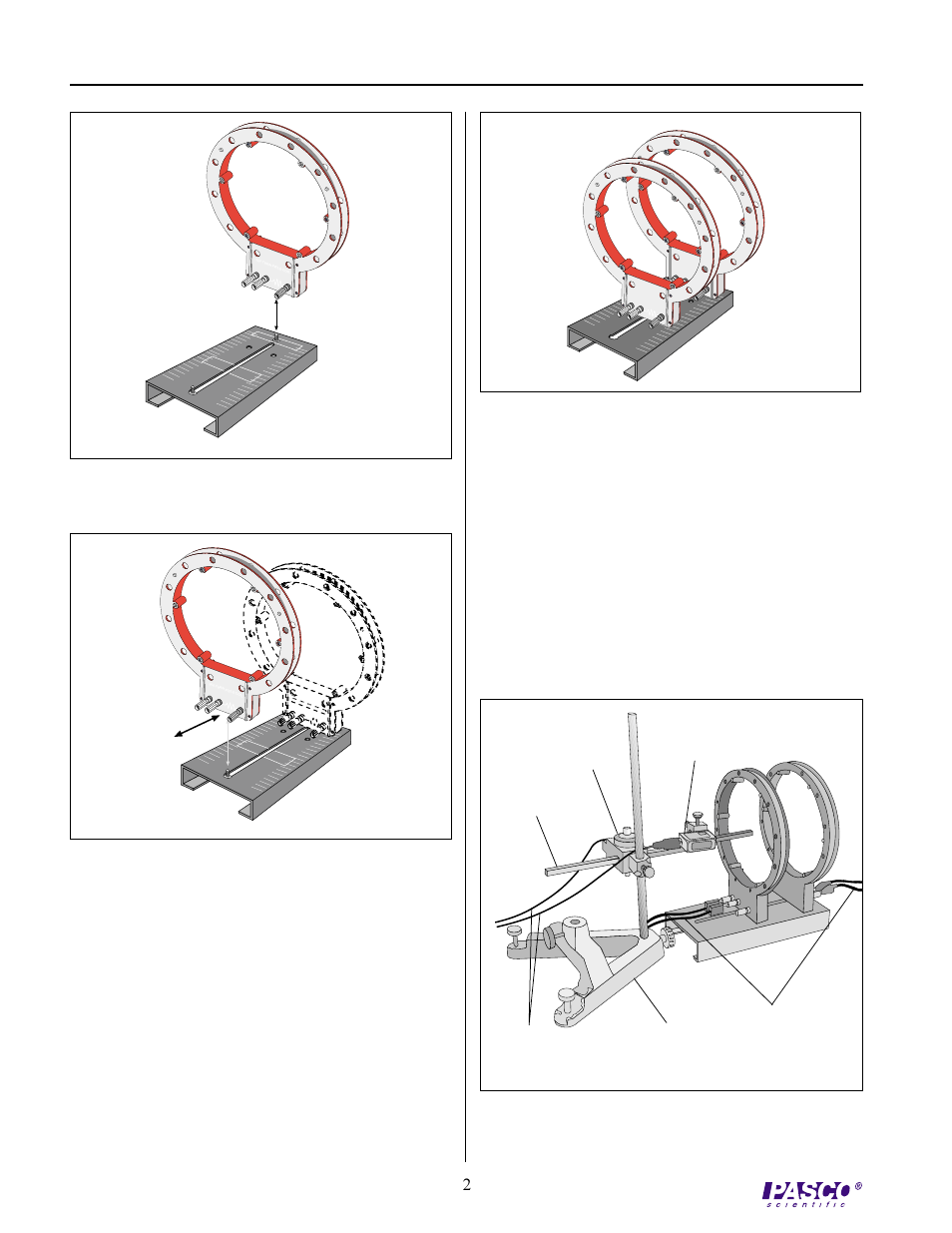 Recommended experimental setup, Figure 1: attaching the fixed-position coil, Figure 2: attaching the adjustable coil | Figure 3: coils positioned in the base, Figure 4: recommended experiment setup | PASCO EM-6715 Helmholtz Coil Base User Manual | Page 2 / 4