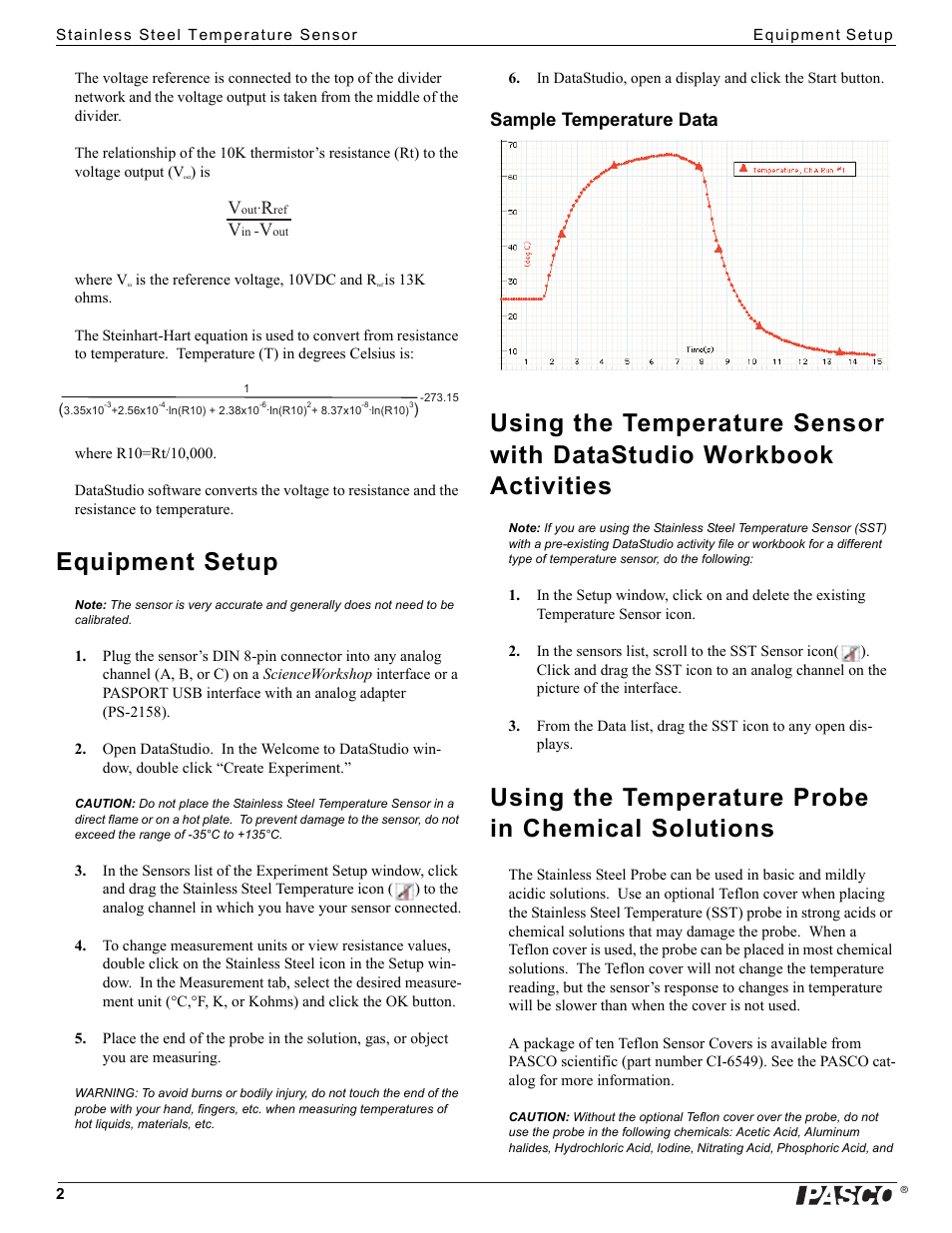 Equipment setup, Using the temperature probe in chemical solutions, Sample temperature data | PASCO CI-6605A Stainless Steel Temperature Sensor User Manual | Page 2 / 4