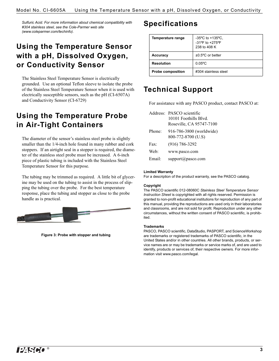 Specifications technical support | PASCO CI-6605A Stainless Steel Temperature Sensor User Manual | Page 3 / 4