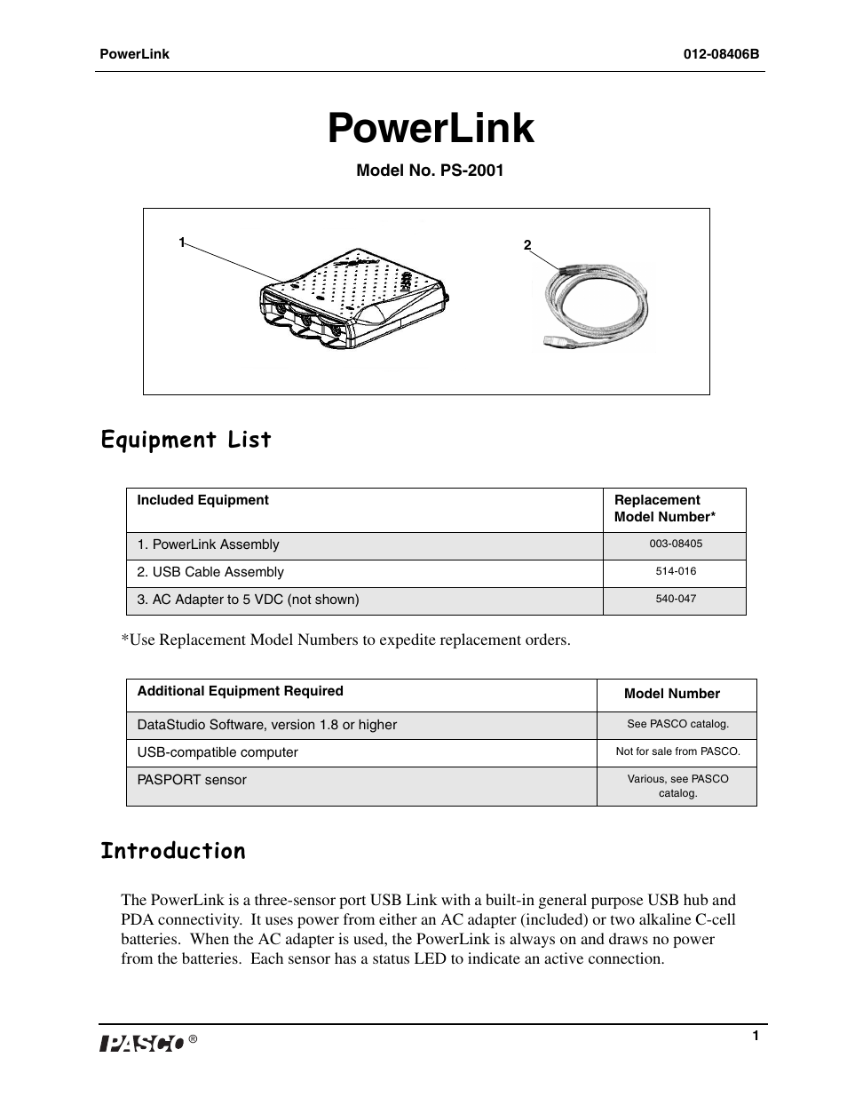 PASCO PS-2001 PowerLink User Manual | 2 pages