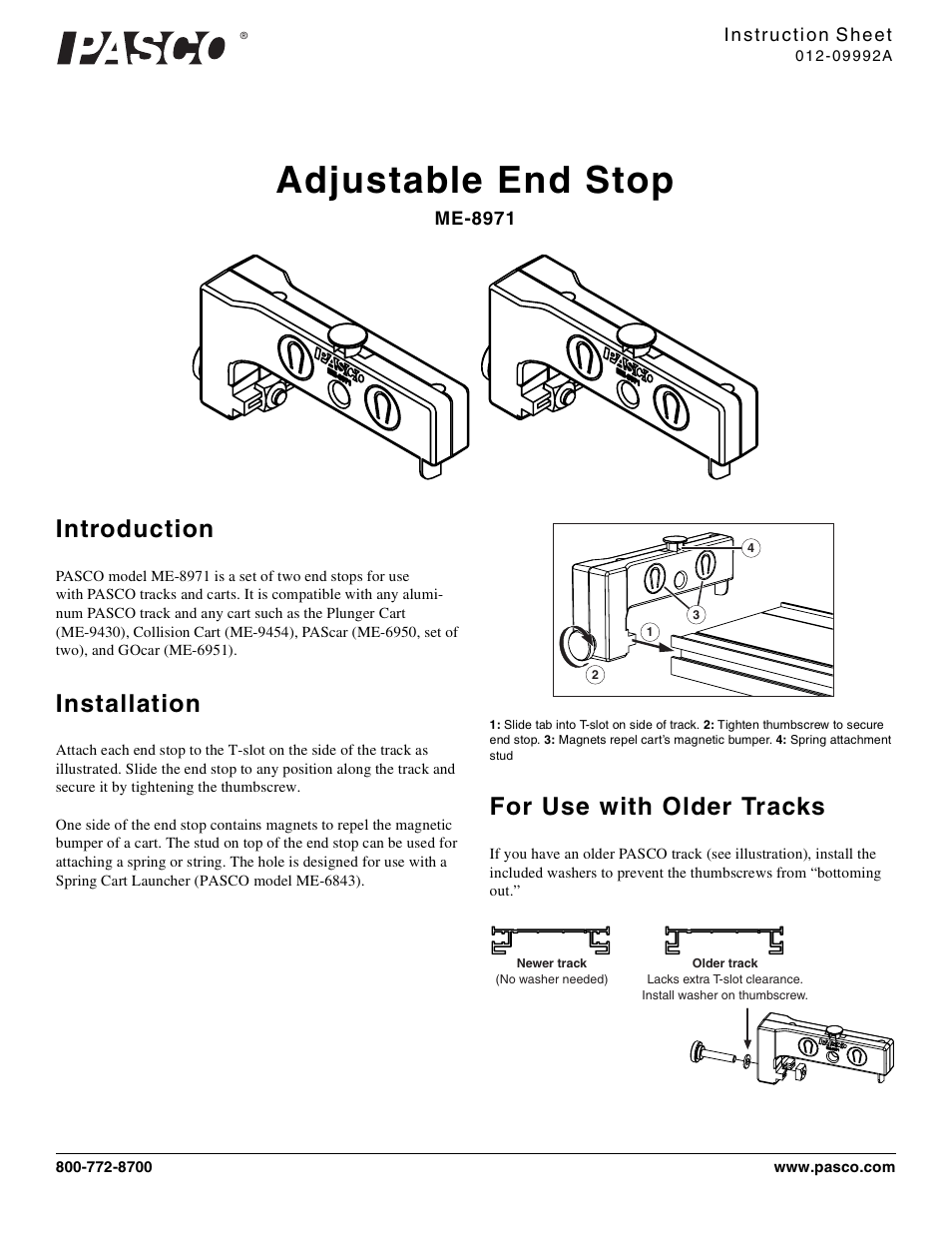 PASCO ME-8971 Adjustable End Stop User Manual | 2 pages