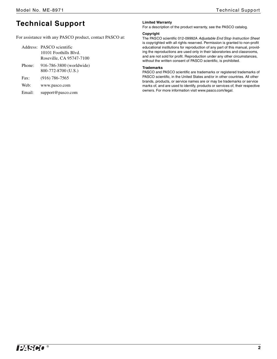 Technical support | PASCO ME-8971 Adjustable End Stop User Manual | Page 2 / 2