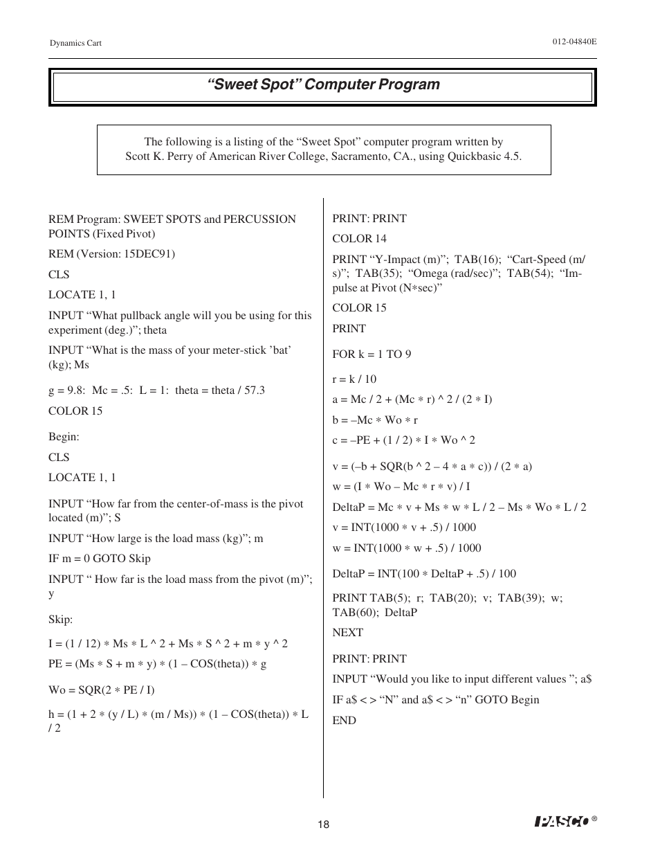 Sweet spot” computer program | PASCO ME-9430 Dynamics Cart with Mass User Manual | Page 22 / 30