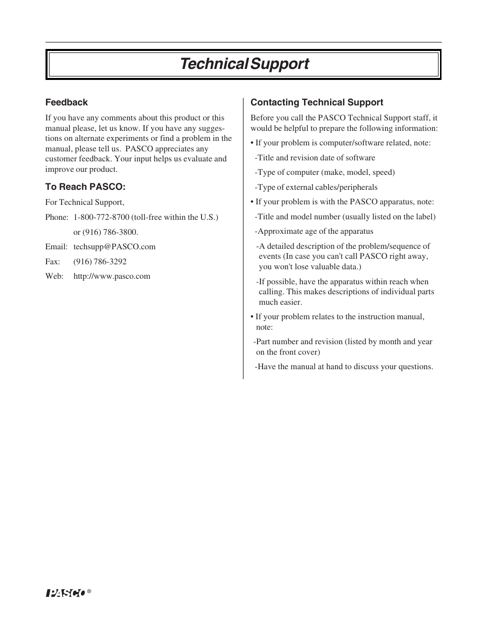 Technical support | PASCO ME-9430 Dynamics Cart with Mass User Manual | Page 29 / 30