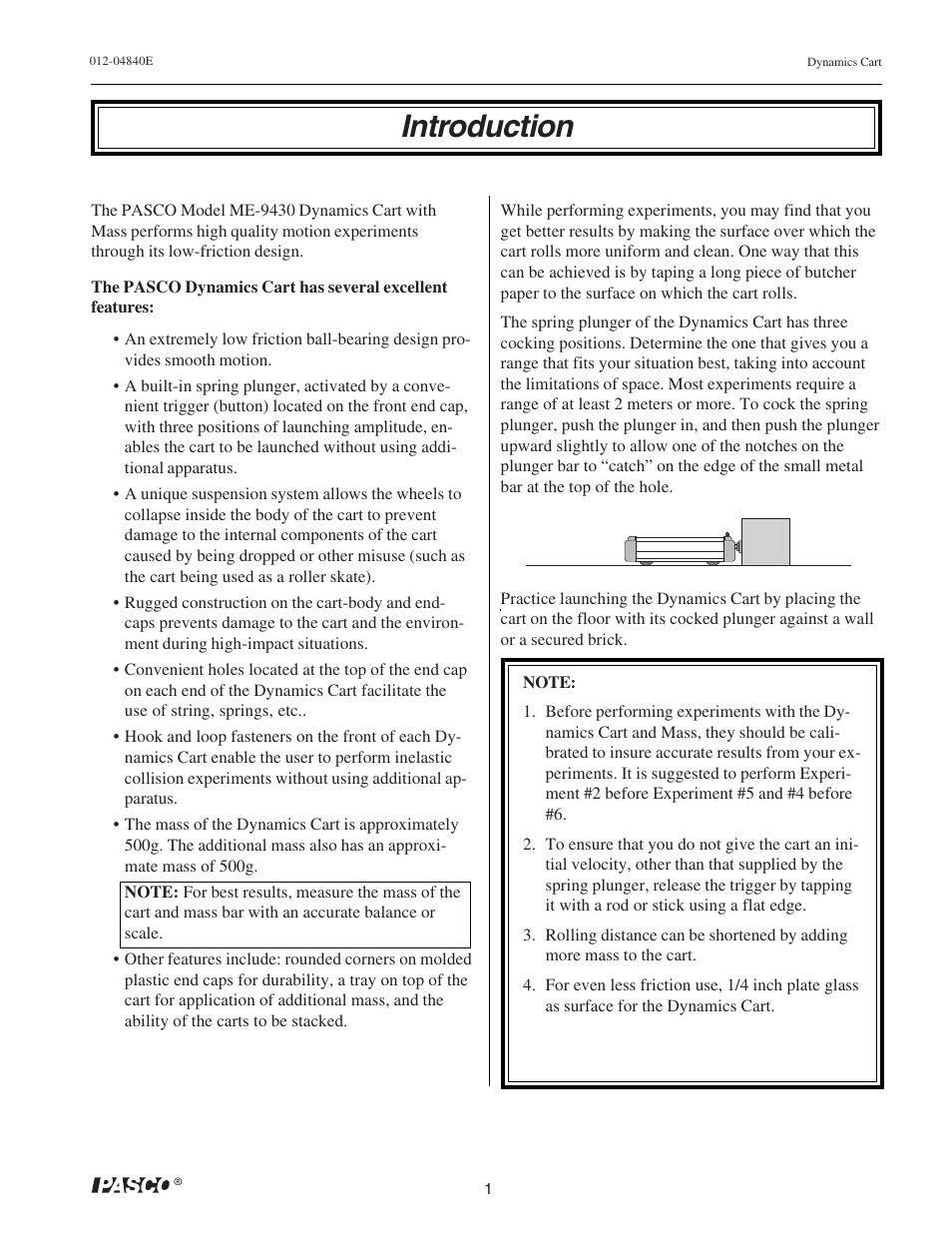 Introduction | PASCO ME-9430 Dynamics Cart with Mass User Manual | Page 5 / 30