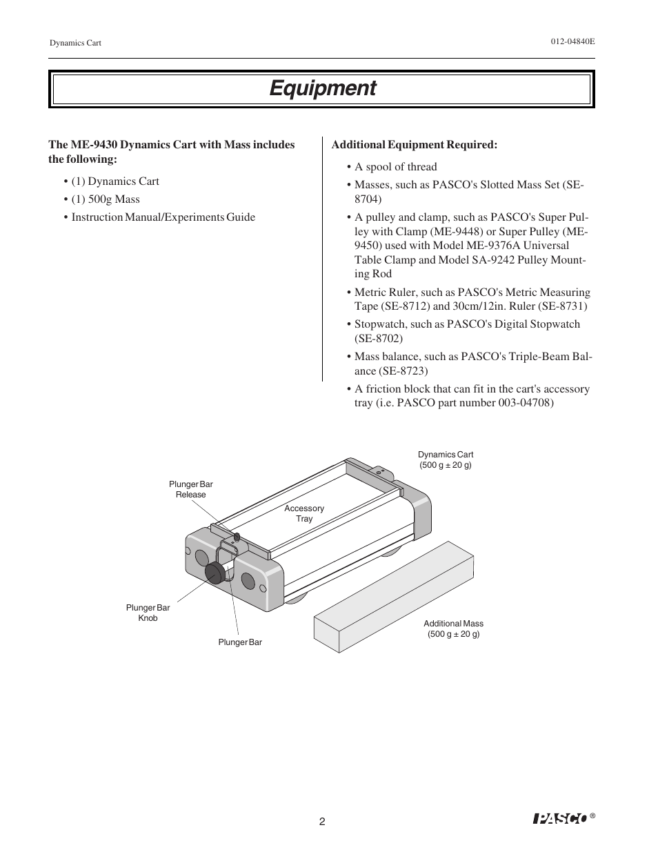 Equipment | PASCO ME-9430 Dynamics Cart with Mass User Manual | Page 6 / 30