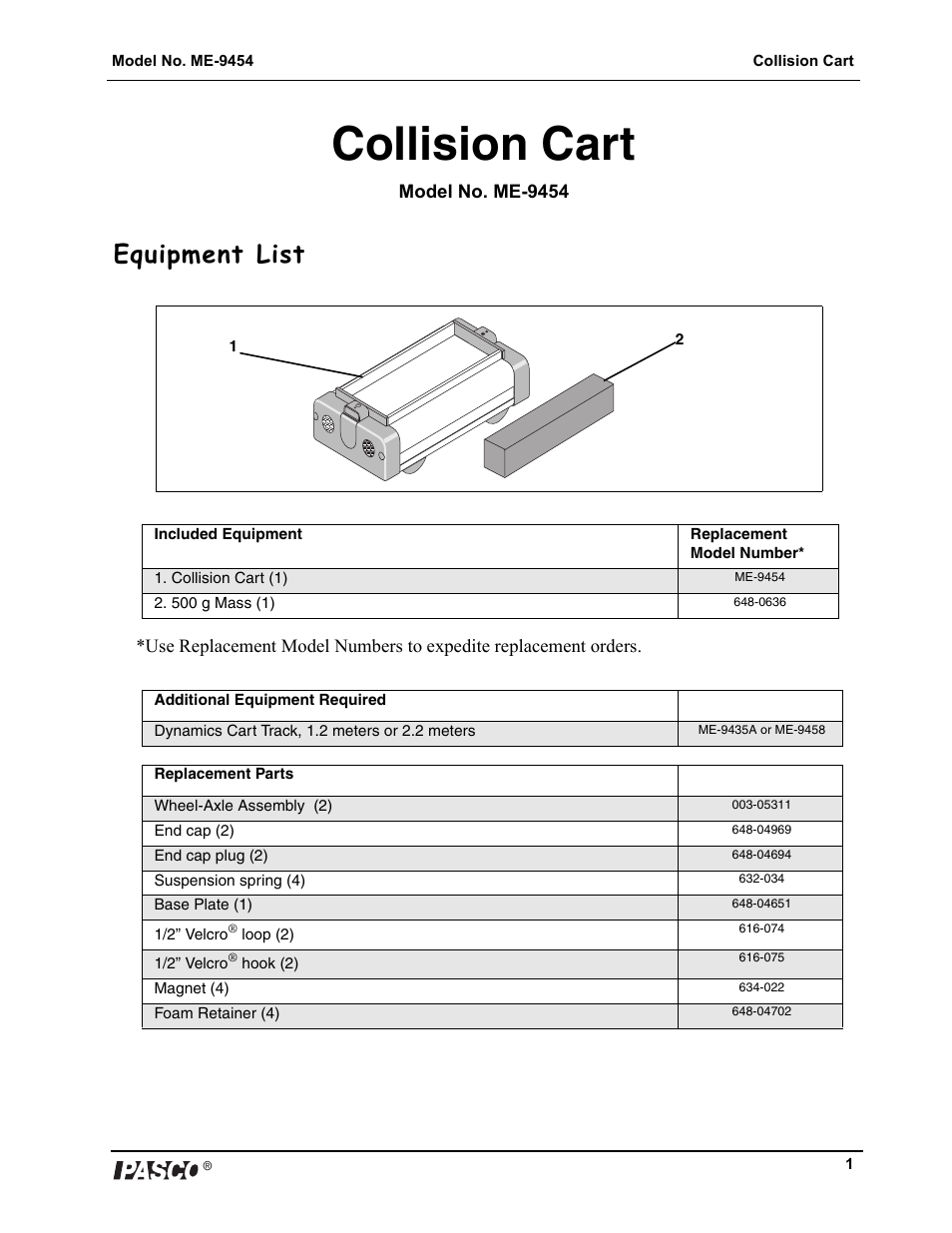 Collision cart, Model no. me-9454, Equipment list | Collision cart (1), 500 g mass (1) | PASCO ME-9454 Collision Cart User Manual | Page 2 / 4