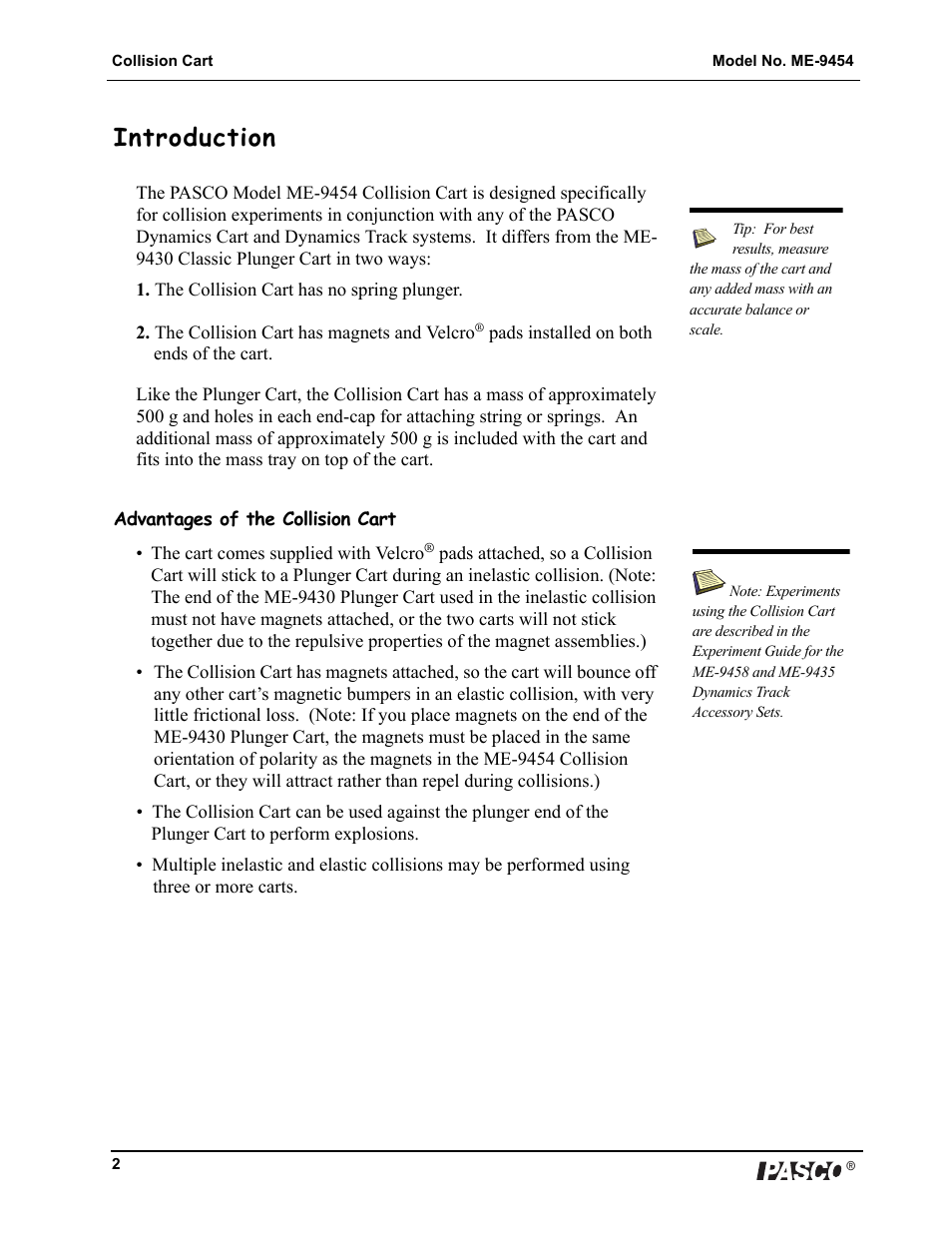 Introduction, The collision cart has no spring plunger, Advantages of the collision cart | PASCO ME-9454 Collision Cart User Manual | Page 3 / 4