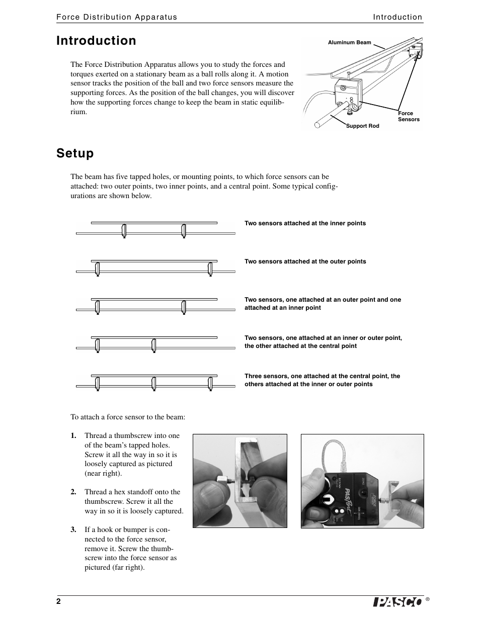 Introduction, Setup | PASCO ME-8092 Force Distribution Apparatus User Manual | Page 2 / 7