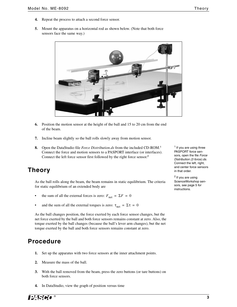 Theory, Procedure | PASCO ME-8092 Force Distribution Apparatus User Manual | Page 3 / 7