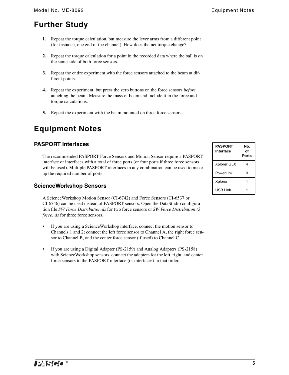 Equipment notes, Further study, Pasport interfaces | Scienceworkshop sensors | PASCO ME-8092 Force Distribution Apparatus User Manual | Page 5 / 7